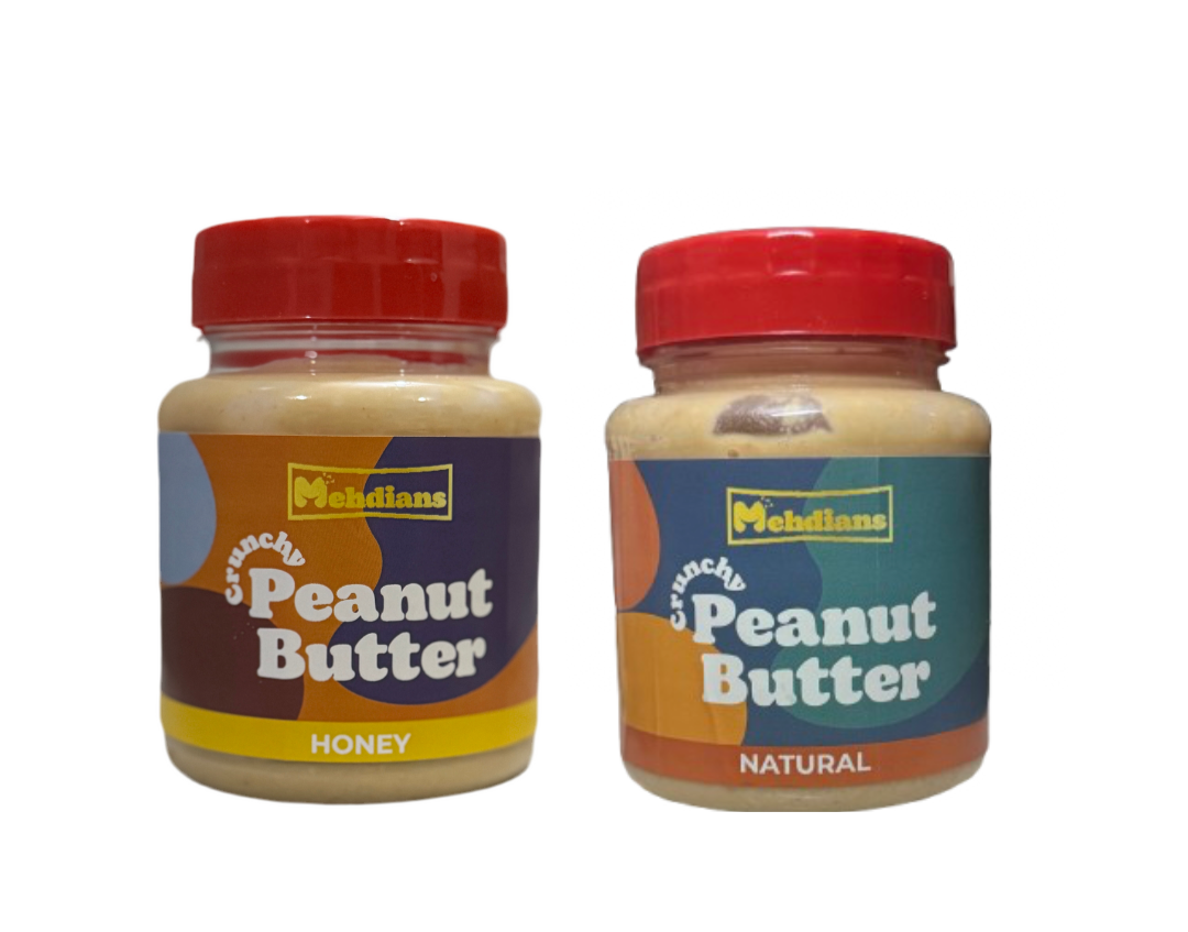 Two jars of Mehdians peanut butter, one honey flavor 200g and one natural flavor 200g, on a white background.