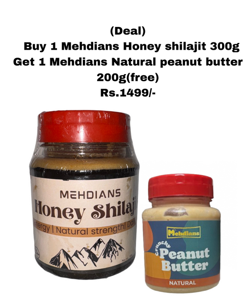 Two jars of Mehdi honey shilajit and peanut butter with promotional text on a white background